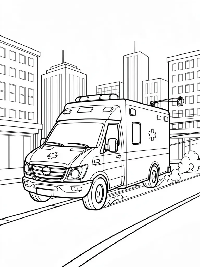 Coloriage Ambulance fonçant dans la ville à imprimer