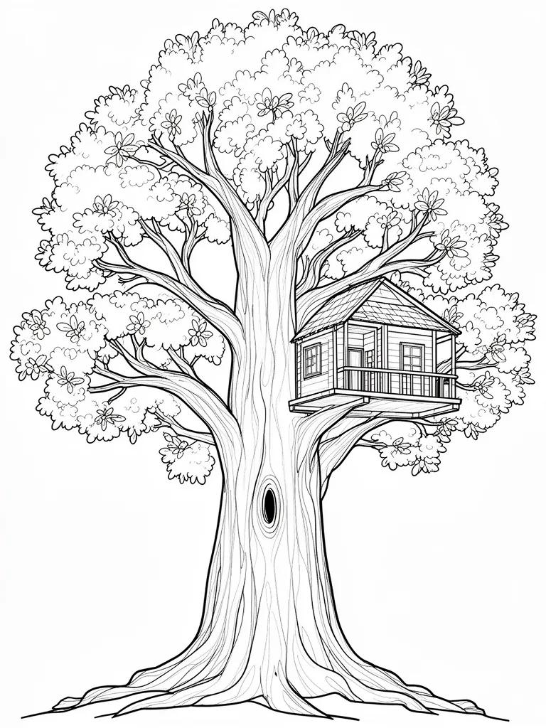 Coloriage Arbre géant avec une cabane dans les branches à imprimer