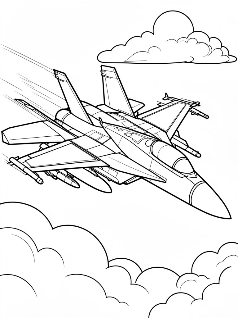 Coloriage Avion de chasse traversant les nuages à imprimer