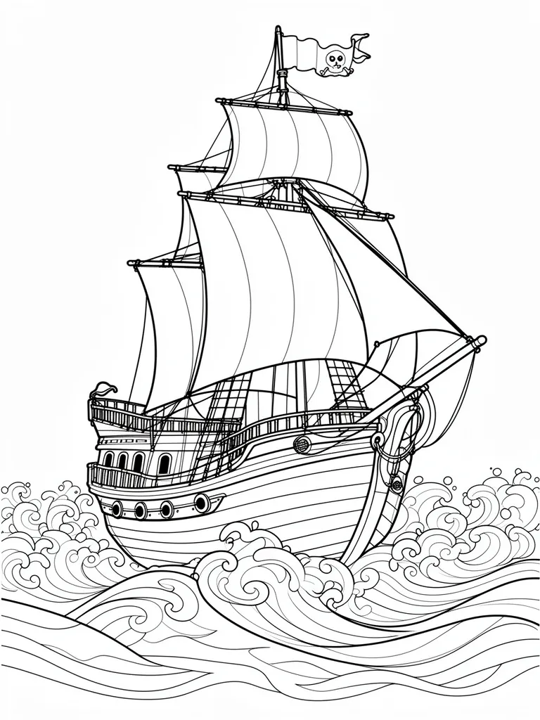 Coloriage Bateau pirate naviguant sur les vagues à imprimer