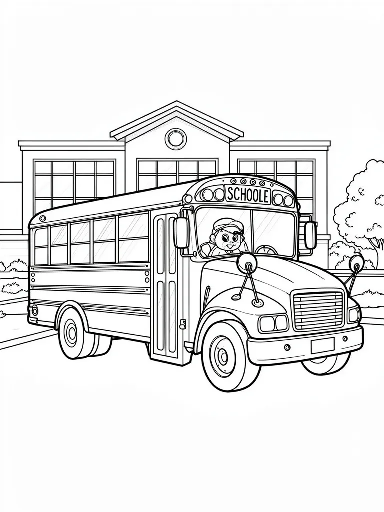 Coloriage Bus scolaire jaune devant une école à imprimer