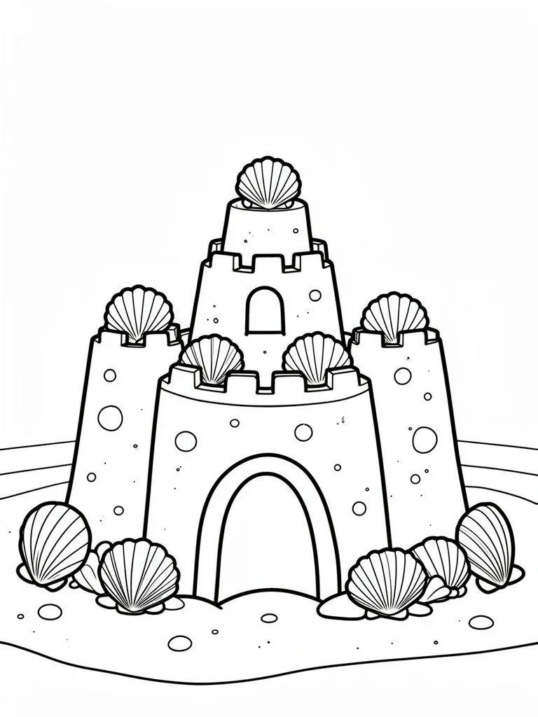Coloriage Château de sable décoré de coquillages à imprimer