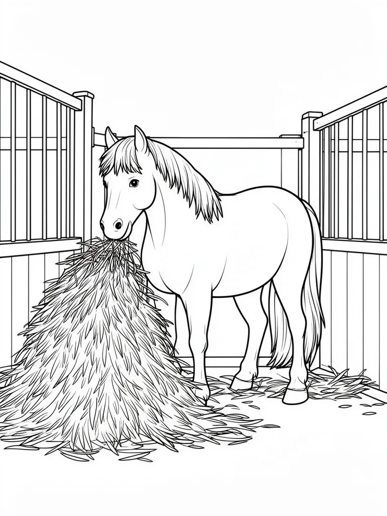 Coloriage Cheval dans son écurie mangeant du foin à imprimer