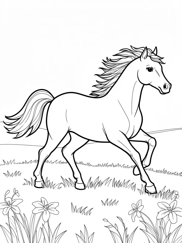 Coloriage Cheval galopant dans une prairie à imprimer