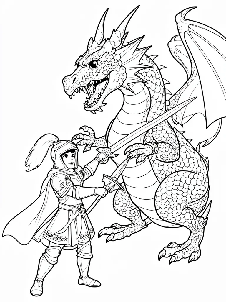 Coloriage Chevalier affrontant un dragon géant à imprimer