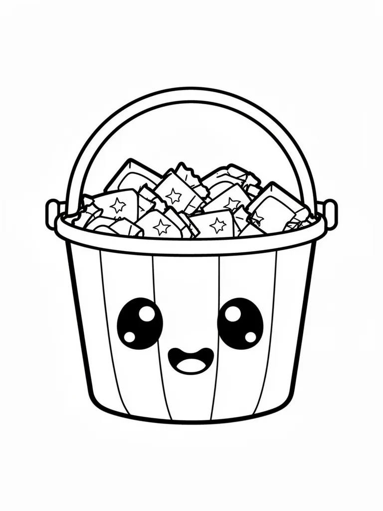 Coloriage Bonbons et seau de friandises kawaii – coloriage à imprimer gratuit