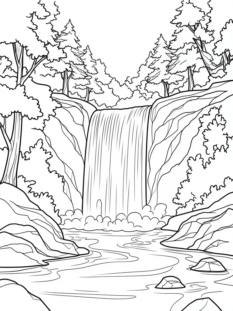 Coloriage Cascade dans la forêt à imprimer