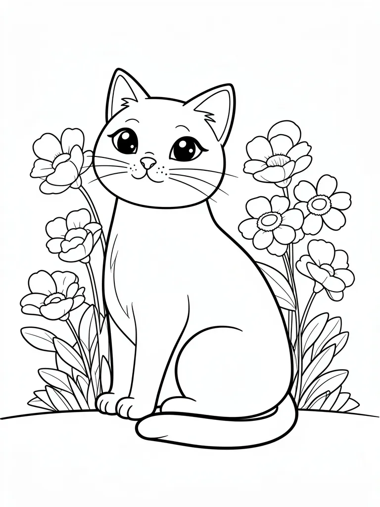 Coloriage Chat avec des fleurs à imprimer