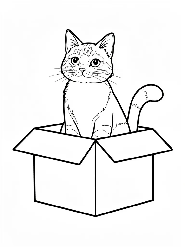 Coloriage Chat dans une boîte en carton détaillé à imprimer