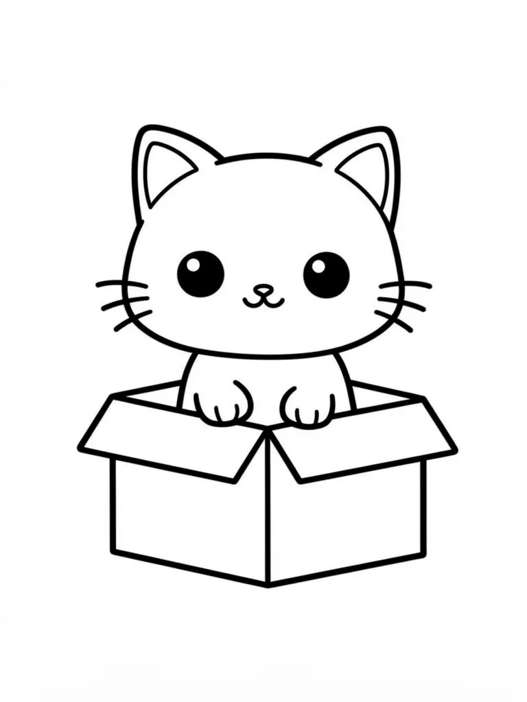 Coloriage Chat dans une boîte en carton kawaii à imprimer