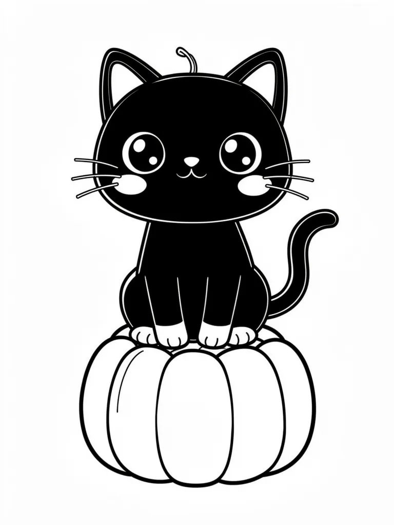 Coloriage Chat noir sur une citrouille kawaii à imprimer