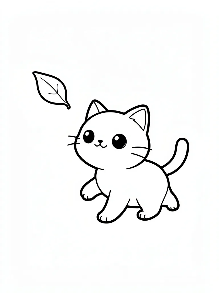 Coloriage Chat qui chasse une feuille kawaii – coloriage à imprimer gratuit