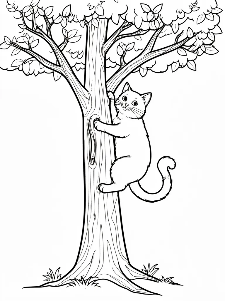Coloriage Chat qui grimpe à un arbre détaillé à imprimer