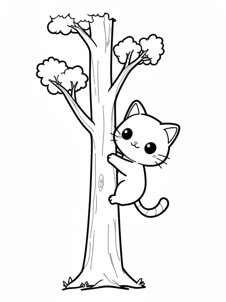 Coloriage Chat qui grimpe à un arbre kawaii à imprimer