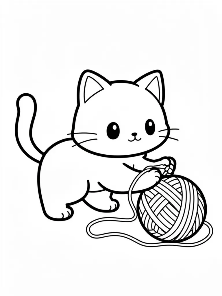 Coloriage Chat qui joue avec une pelote kawaii à imprimer