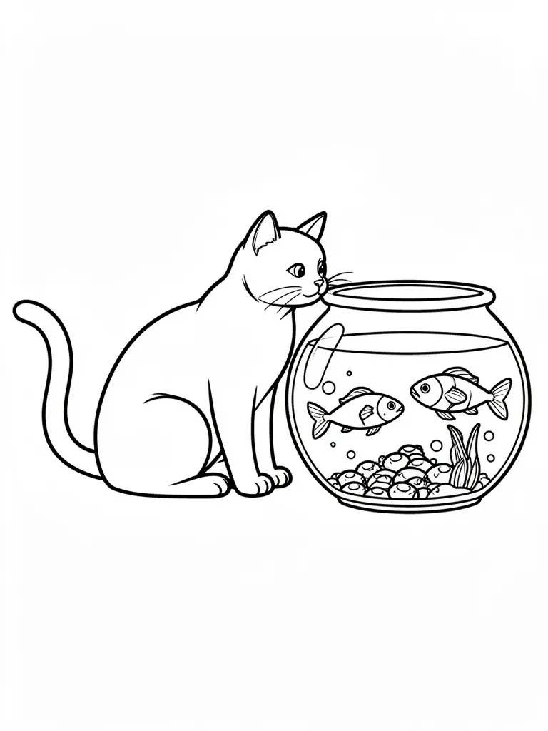 Coloriage Chat qui regarde un poisson à imprimer