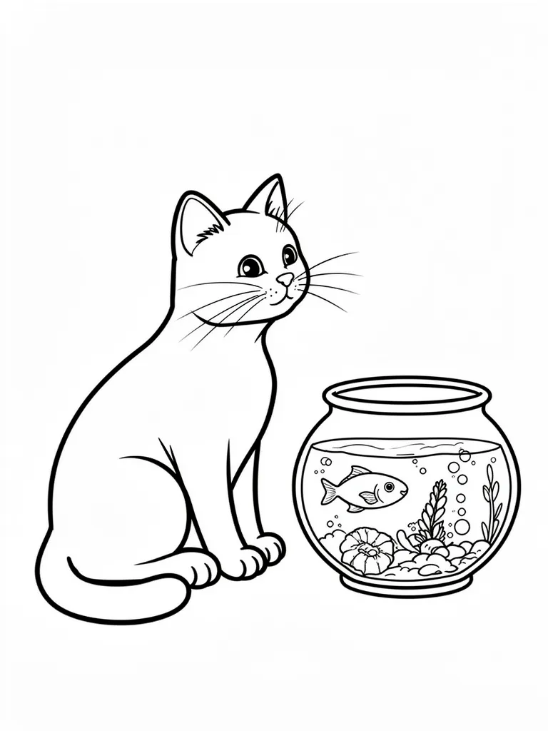Coloriage Chat qui regarde un poisson détaillé à imprimer