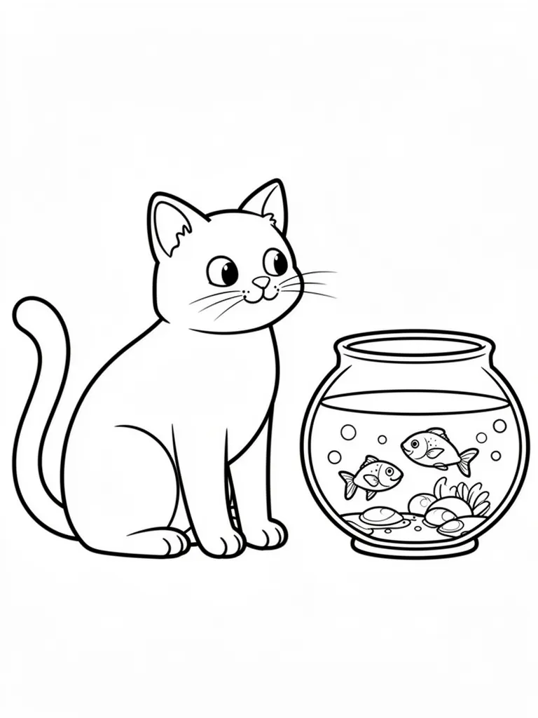 Coloriage Chat qui regarde un poisson facile à imprimer