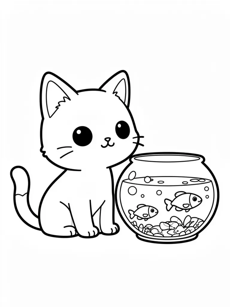 Coloriage Chat qui regarde un poisson kawaii à imprimer