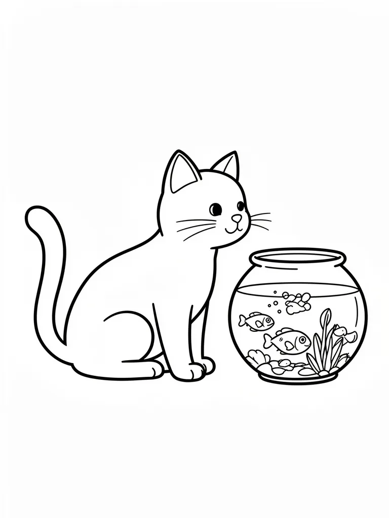 Coloriage Chat qui regarde un poisson pour maternelle à imprimer