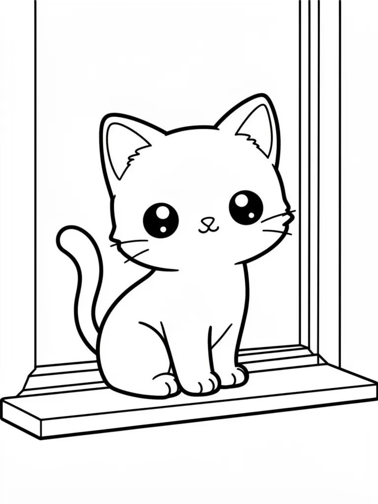 Coloriage Chat sur un rebord de fenêtre kawaii à imprimer