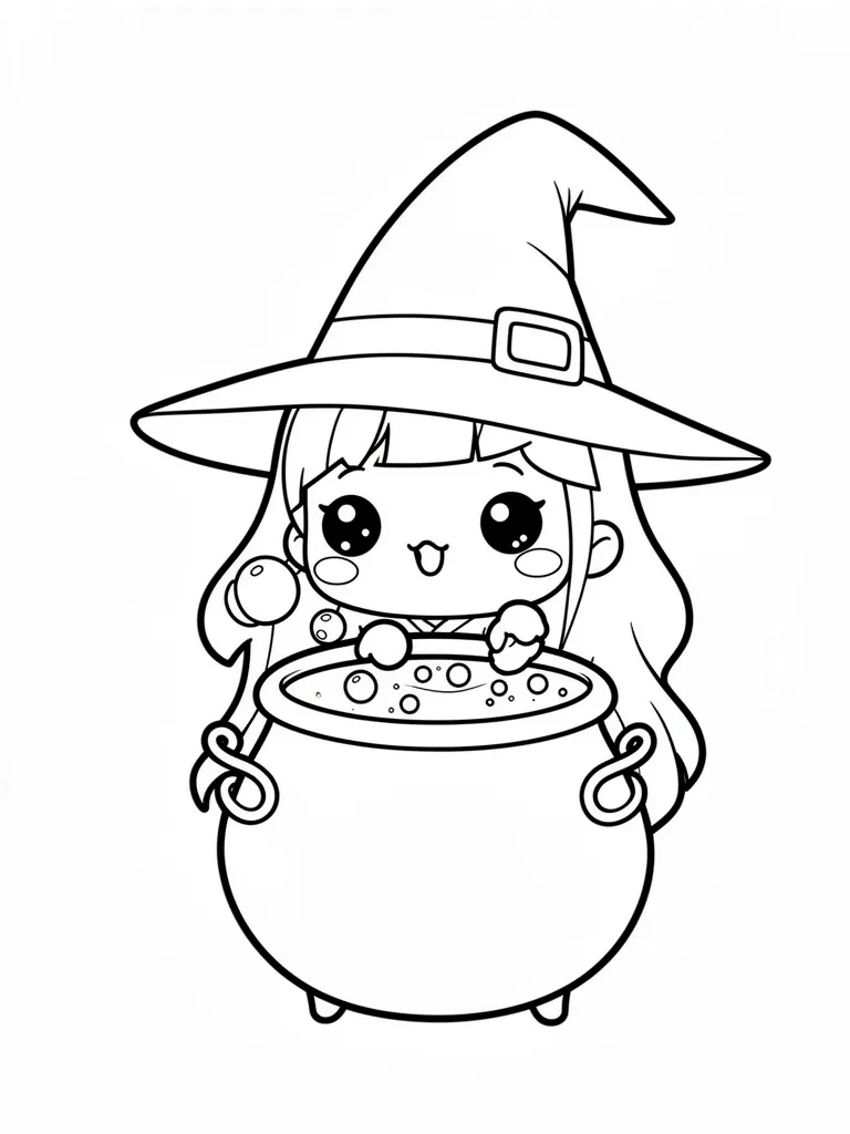 Coloriage Chaudron de sorcière kawaii à imprimer