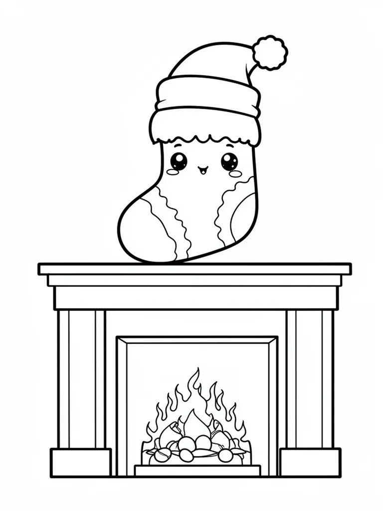 Coloriage Chaussette accrochée à la cheminée kawaii à imprimer