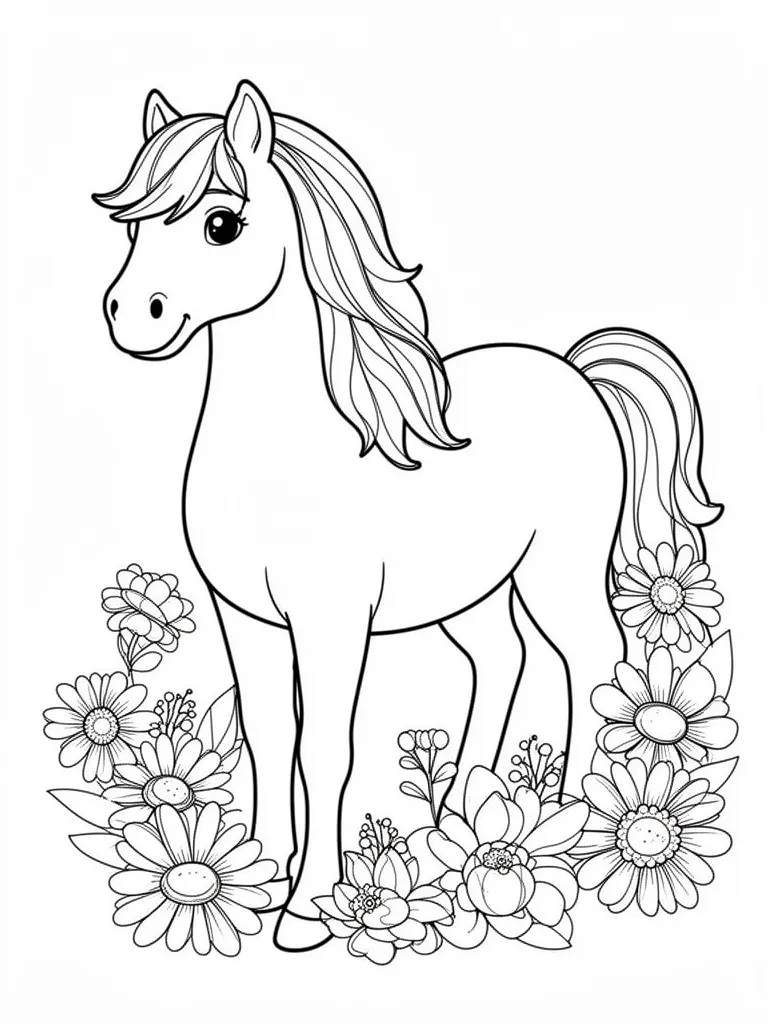 Coloriage Cheval avec des fleurs à imprimer