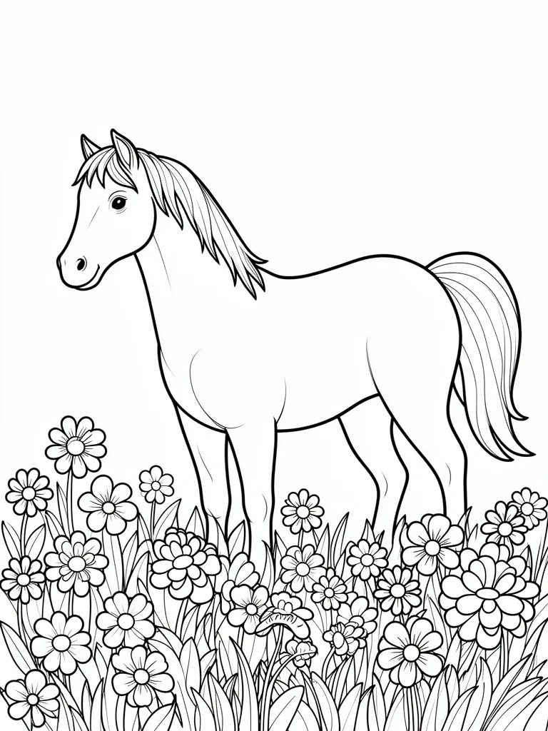 Coloriage Cheval dans un champ de fleurs – coloriage à imprimer gratuit