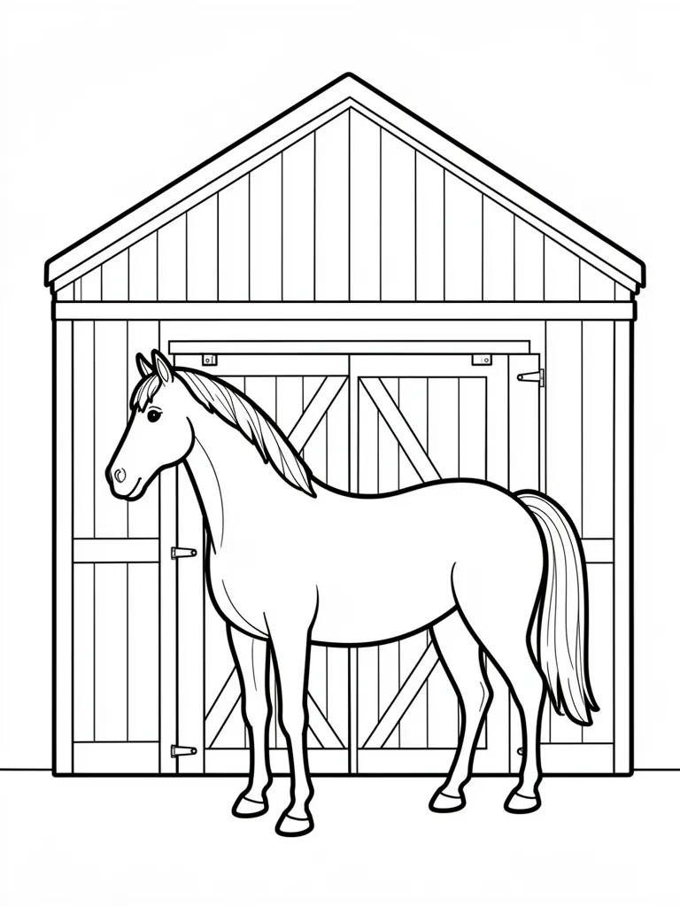Coloriage Cheval devant une écurie – coloriage à imprimer gratuit