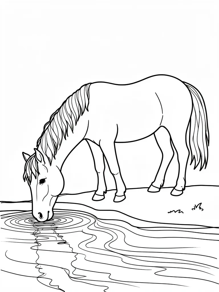 Coloriage Cheval qui boit à une rivière – coloriage à imprimer gratuit