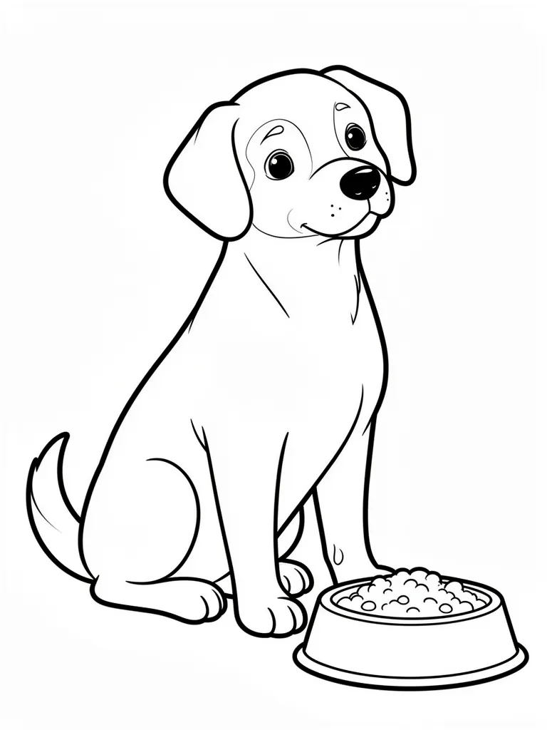 Coloriage Chien assis devant une gamelle détaillé à imprimer
