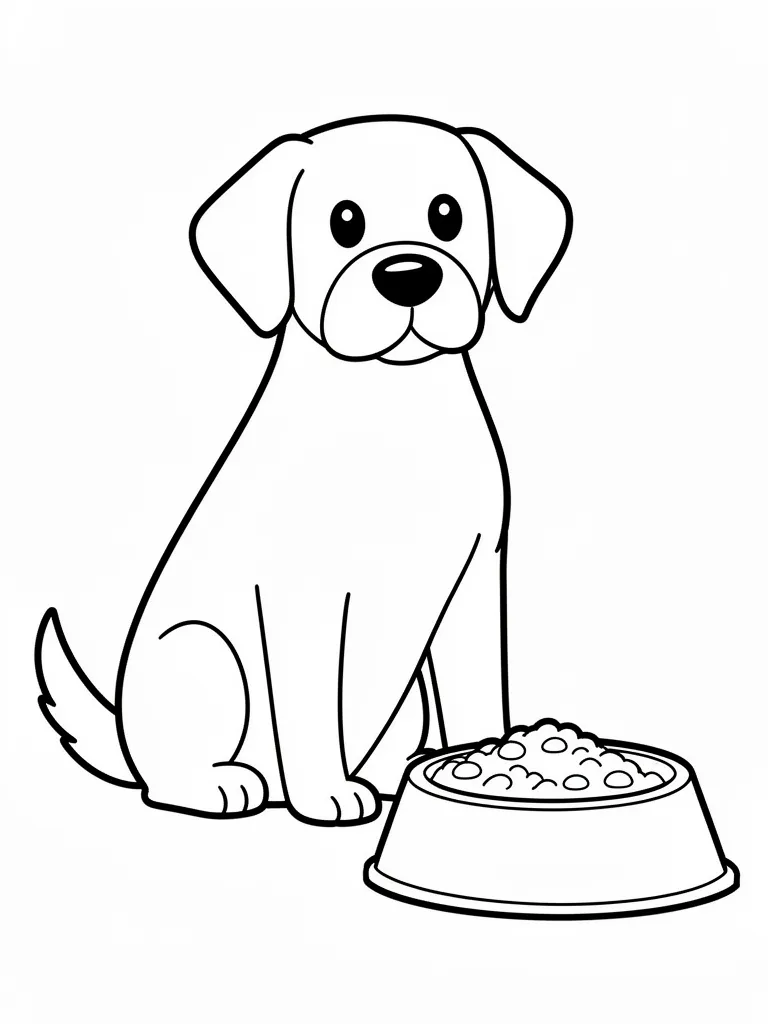 Coloriage Chien assis devant une gamelle facile à imprimer
