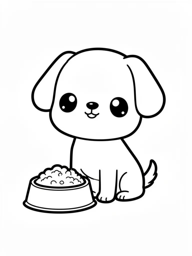 Coloriage Chien assis devant une gamelle kawaii à imprimer