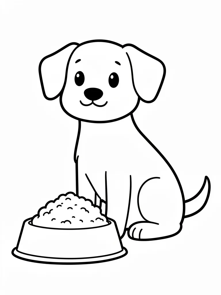 Coloriage Chien assis devant une gamelle pour maternelle à imprimer