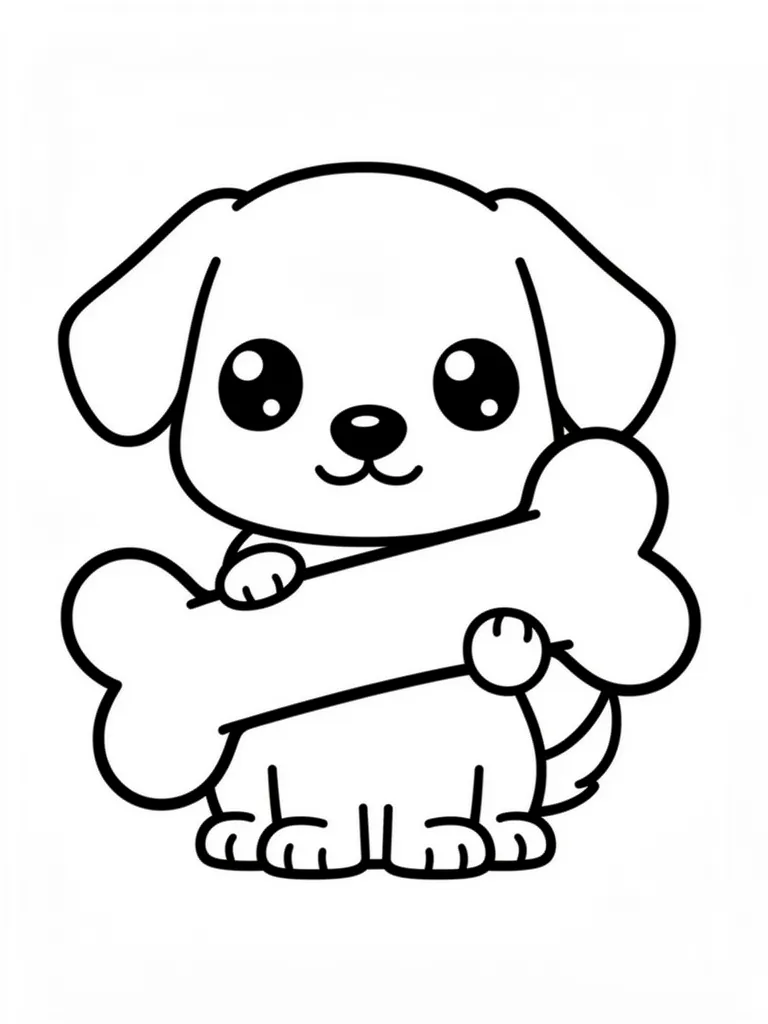 Coloriage Chien avec un os géant kawaii – coloriage à imprimer gratuit