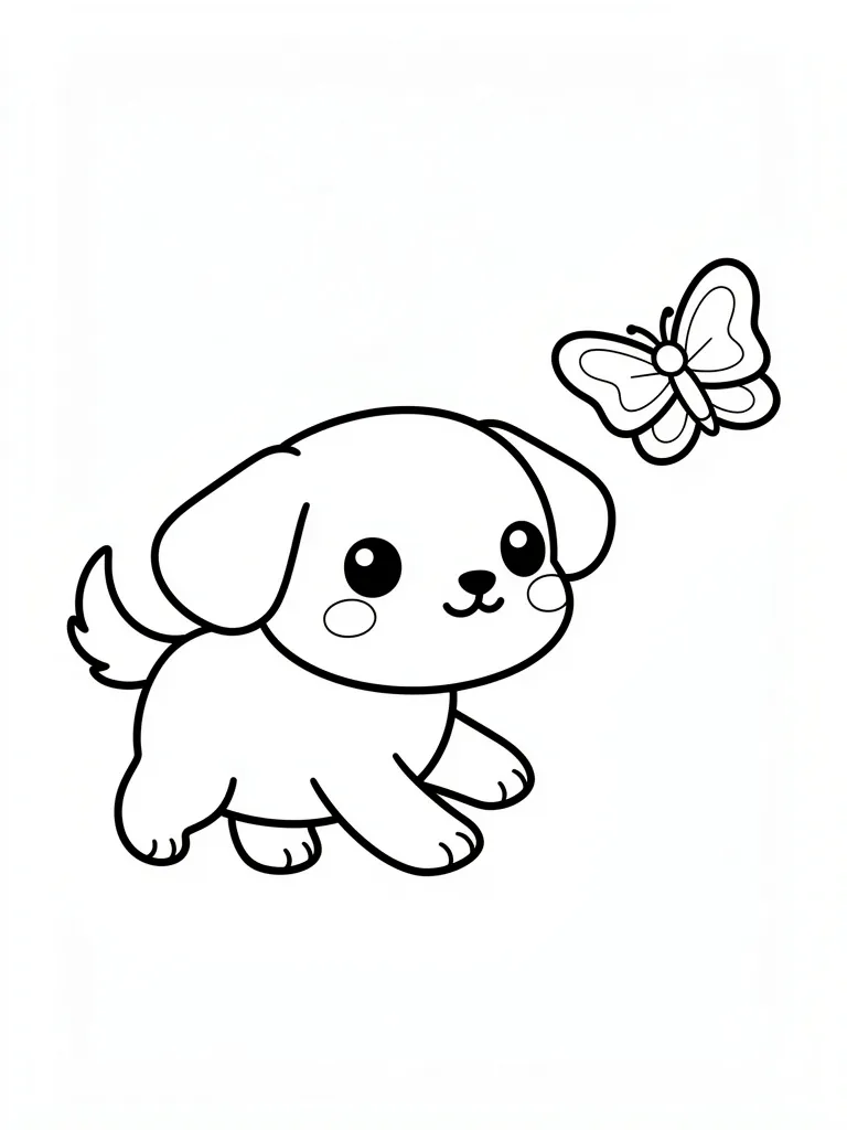 Coloriage Chien qui court après un papillon kawaii à imprimer