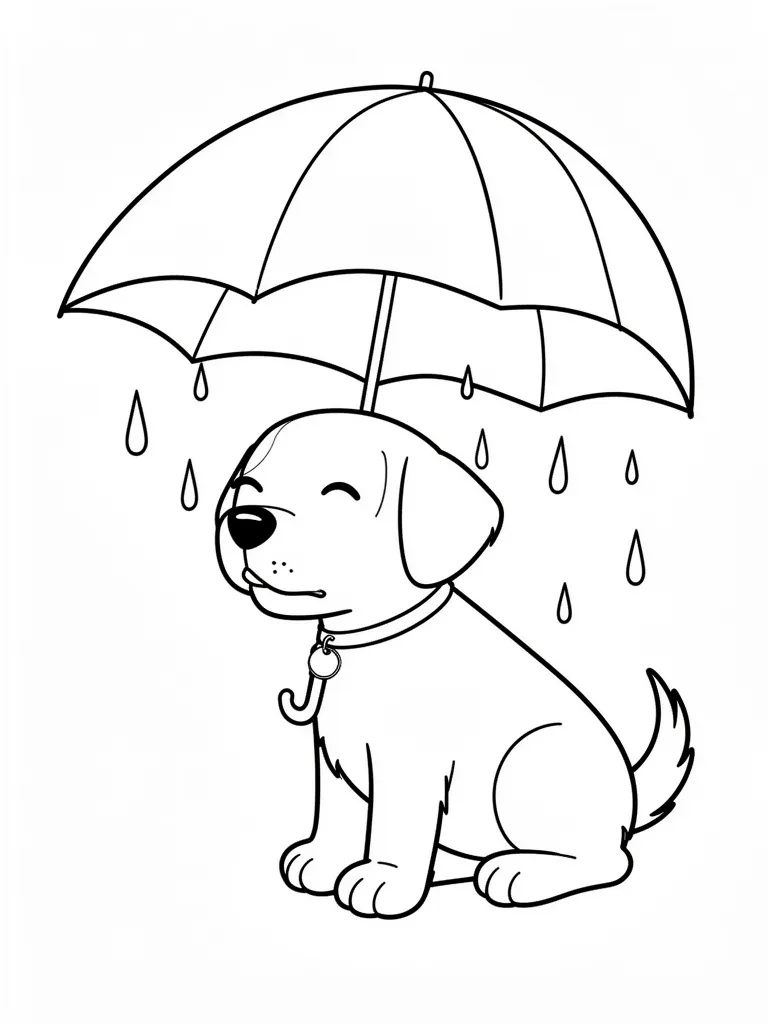 Coloriage Chien sous la pluie avec un parapluie à imprimer