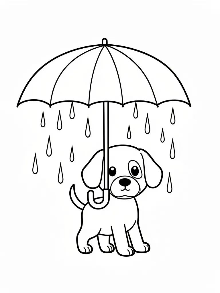 Coloriage Chien sous la pluie avec un parapluie facile – coloriage à imprimer gratuit