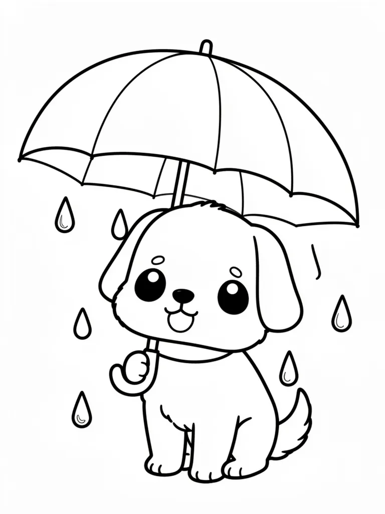 Coloriage Chien sous la pluie avec un parapluie kawaii – coloriage à imprimer gratuit