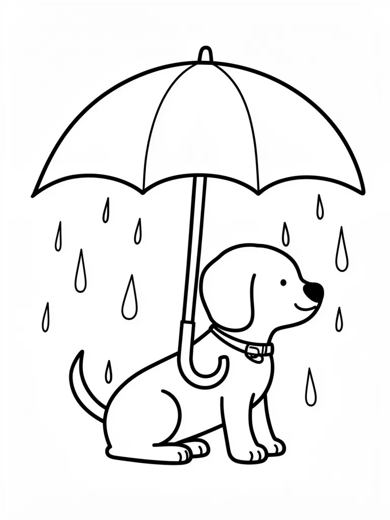 Coloriage Chien sous la pluie avec un parapluie pour maternelle – coloriage à imprimer gratuit