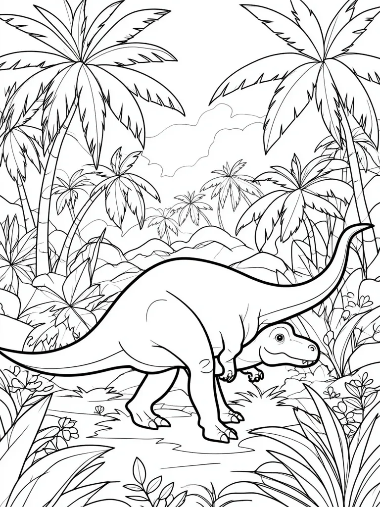 Coloriage Dinosaure dans la jungle préhistorique à imprimer
