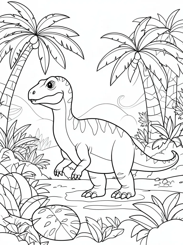 Coloriage Dinosaure dans la jungle préhistorique détaillé à imprimer