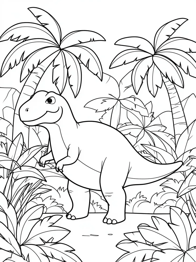 Coloriage Dinosaure dans la jungle préhistorique facile à imprimer