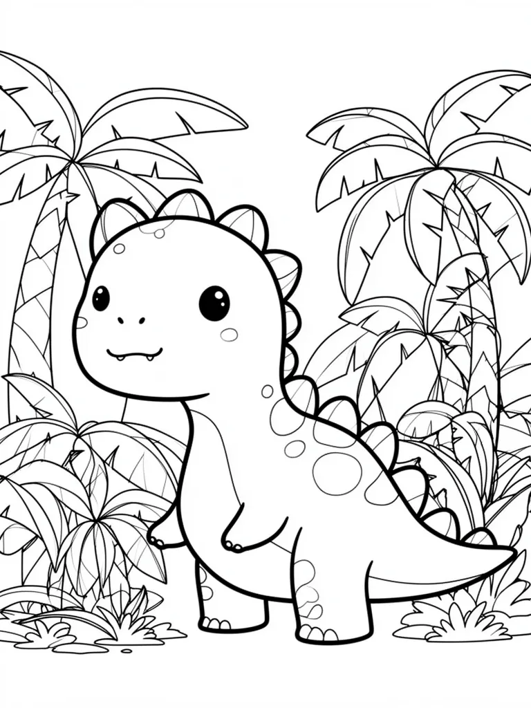 Coloriage Dinosaure dans la jungle préhistorique kawaii à imprimer