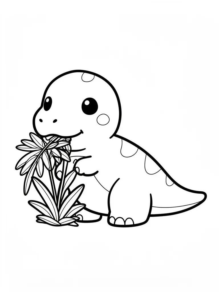 Coloriage Dinosaure qui mange des plantes kawaii à imprimer