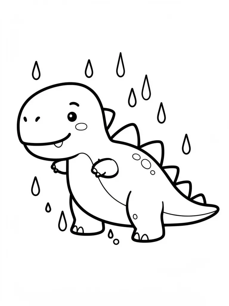 Coloriage Dinosaure sous la pluie kawaii – coloriage à imprimer gratuit