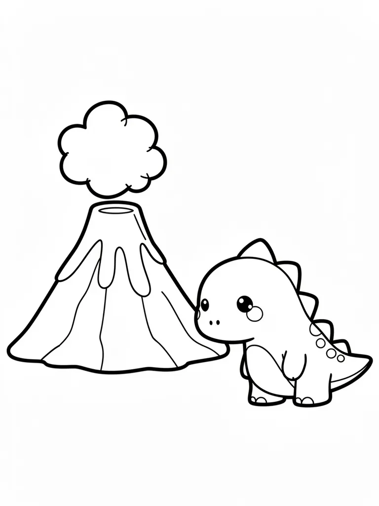 Coloriage Dinosaure sur un volcan kawaii – coloriage à imprimer gratuit