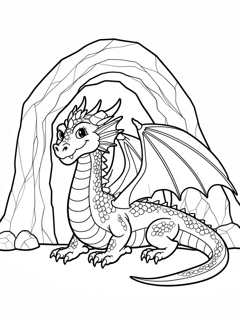 Coloriage Dragon devant une grotte détaillé – coloriage à imprimer gratuit