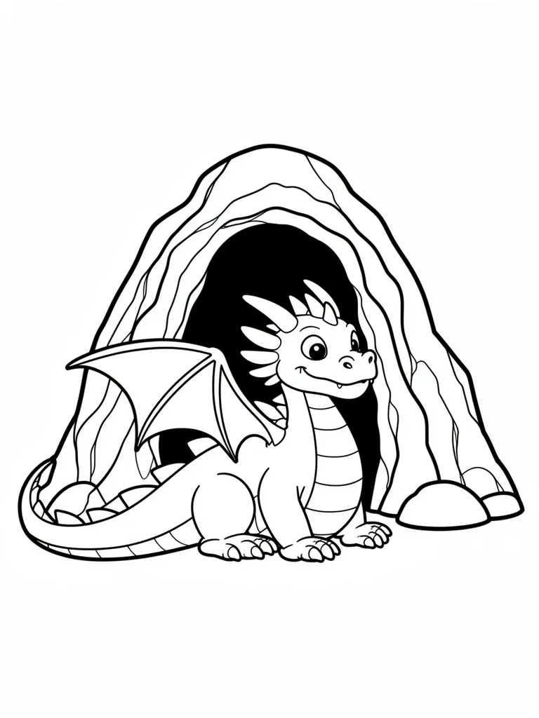 Coloriage Dragon devant une grotte facile – coloriage à imprimer gratuit